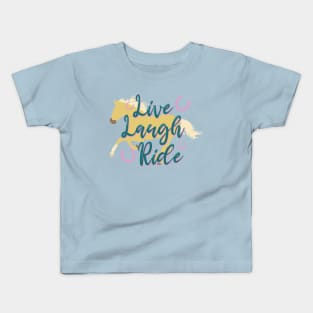 "Live Laugh Ride" Teal + Palomino Galloping Horse Silhouette Kids T-Shirt